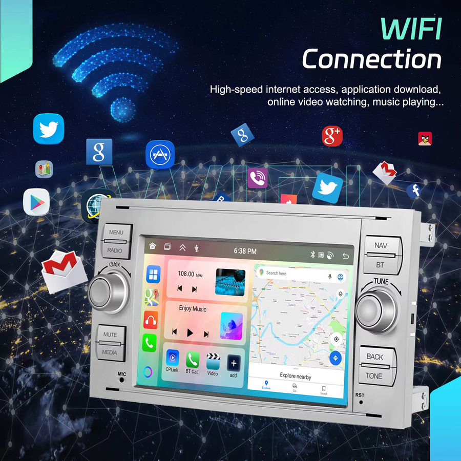 Podofo 7 Zoll 2 Din Android Autoradio mit CarPlay, Android Auto, GPS, WiFi und Bluetooth für Ford Transit Fiesta Focus Galaxy Mondeo Fusion Kuga C-Max S-Max Connect in Schwarz - Bild 5