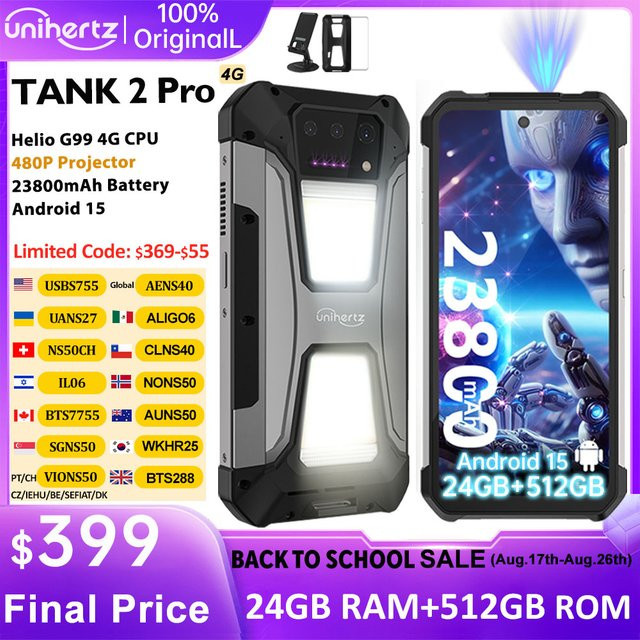 Unihertz Tank 2 PRO Robustes Smartphone mit Projektor, 512 GB Speicher, 24 GB RAM, Android 14, 100 MP Kamera, NFC und 23800 mAh Akku, Schwarz - Bild 1