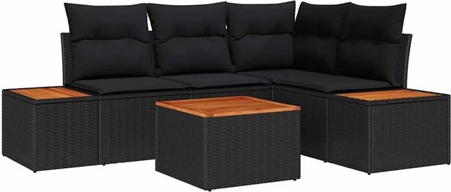 vidaXL Garten-Sofa-Set 5-teilig aus Poly Rattan in Schwarz mit Kissen und Gartentisch - Bild 1