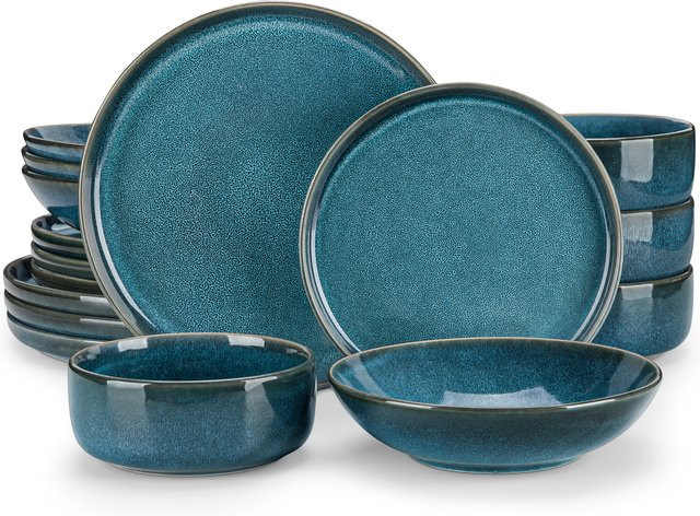 vancasso Geschirr Set aus Keramik mit reaktiver Glasur in Blau, Dinner Set für 4 Personen mit Tellern, Desserttellern, Suppentellern und Schüsseln (16 oder 32 Stück) - Bild 1