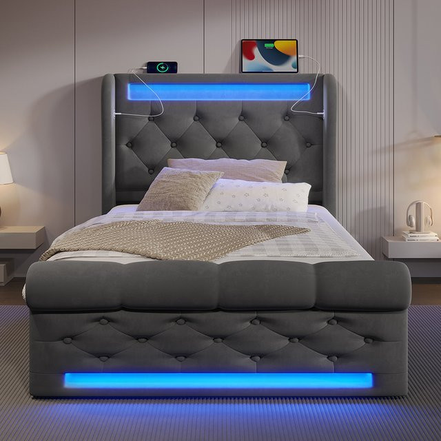 KOMHTOM Modernes Polsterbett Einzelbett in Grau mit LED-Leuchten, USB- und Typ-C-Anschlüssen und hydraulischem Stauraum, B/T/H: 90 x 200 cm - Bild 1