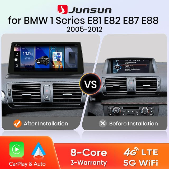 Junsun Drahtloses CarPlay und Android Auto Autoradio für BMW 1er E81 E82 E87 E88 (2005–2012) mit 4G WiFi und GPS in Schwarz - Bild 1