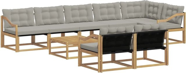 vidaXL Outdoor-Sofagarnitur aus Akazienholz mit Textilene und Polstern, 9-teiliges L-Shape Set, Weiß-hellgrau, B/T/H: 79 x 79 x 37 cm - Bild 1