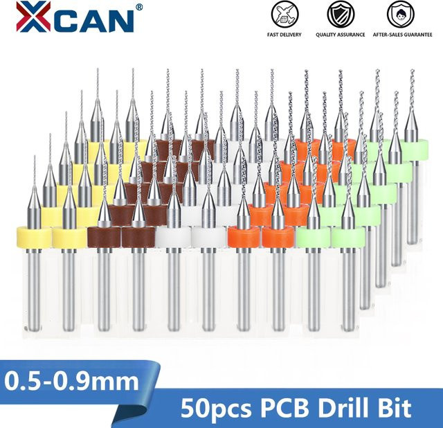 XCAN 50 Stück Hartmetall-Mikrobohrer Set für PCB-Leiterplatten, Durchmesser 0,5–0,9 mm, Schaft 1/8, Farbe Silber - Bild 1