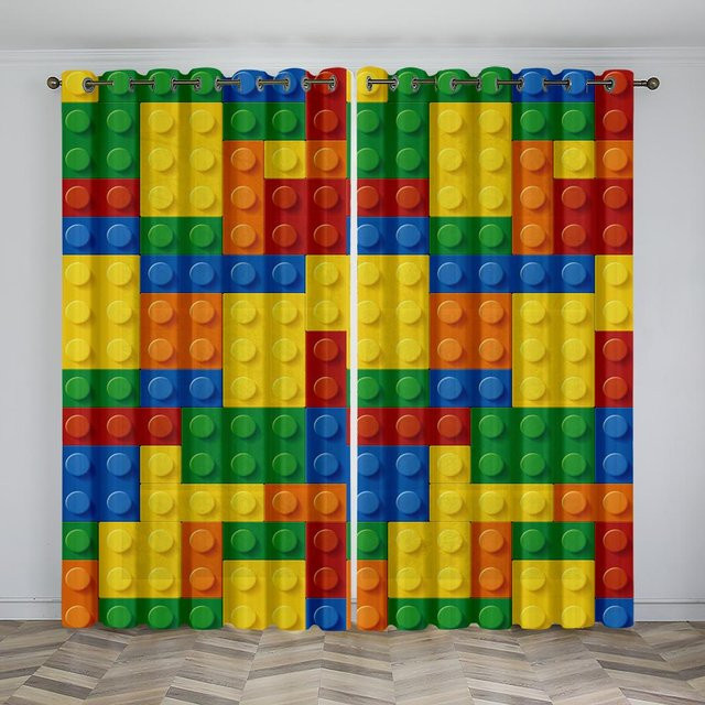 Bunte Cartoon-Bausteine Vorhänge für Kinder mit Grafikdesign, halbtransparent, Mehrfarbig, B: 50 cm, H: 130 cm, 2er-Set mit Ösen - Bild 1