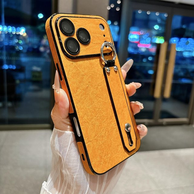 YULIN Handyhülle mit Handgelenkband und Knitterleder-Textur für iPhone 17 16 14 Plus 13 Pro Max in Orange mit Linsenschutz und großem Fenster - Bild 1