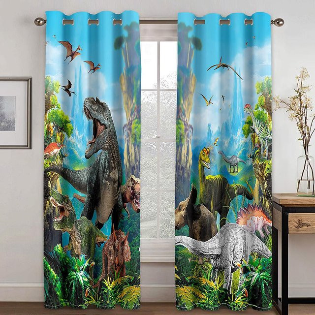 2er-Set halbtransparente Vorhänge mit 3D-Dinosaurier-Motiv für Kinder, Polyester, Mehrfarbig, B: 100 cm, H: 160 cm - Bild 1