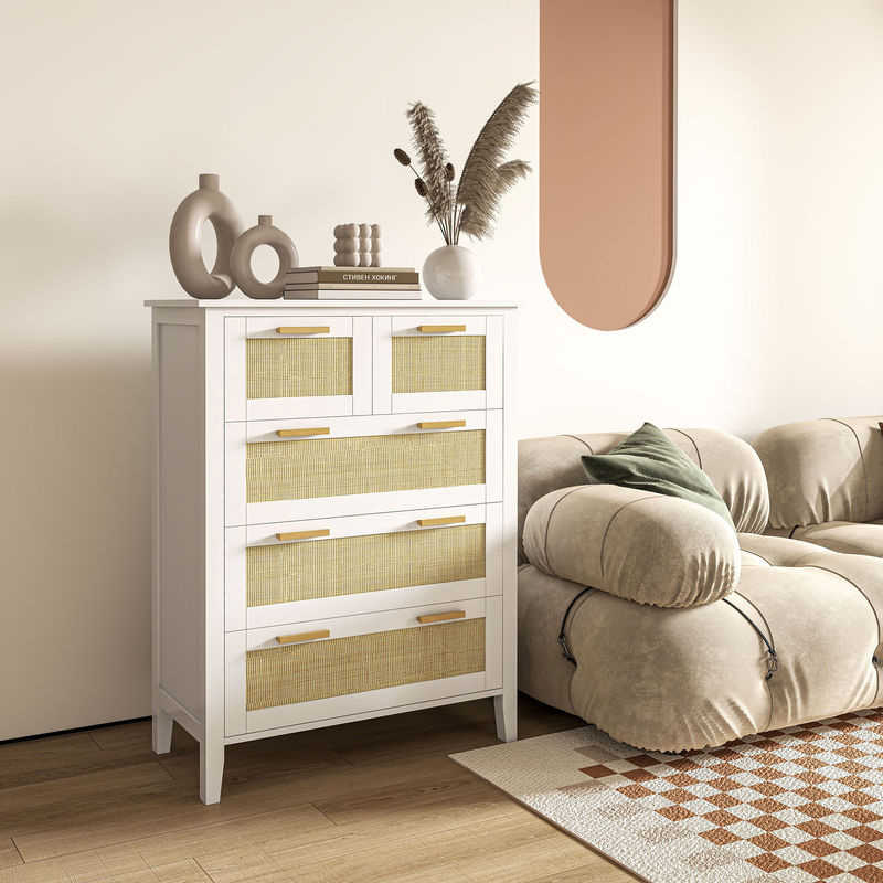 HOMCOM Kommode mit 5 Schubladen in Weiß mit Rattan-Design und Holzgriffen für Schlafzimmer, Wohnzimmer oder Büro - Bild 2