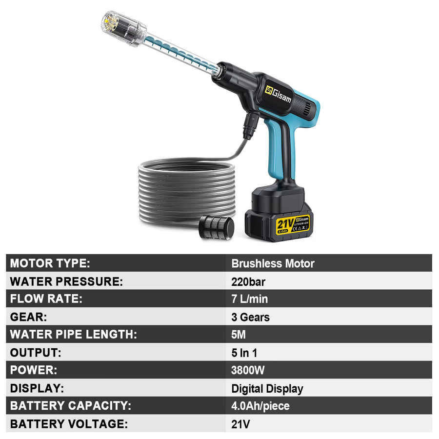 Gisam Bürstenloser Elektrischer Hochdruckreiniger 220Bar mit 5-in-1 Autowasch-Gartenwasserpistole in Blau für Makita 18V Akku - Bild 5
