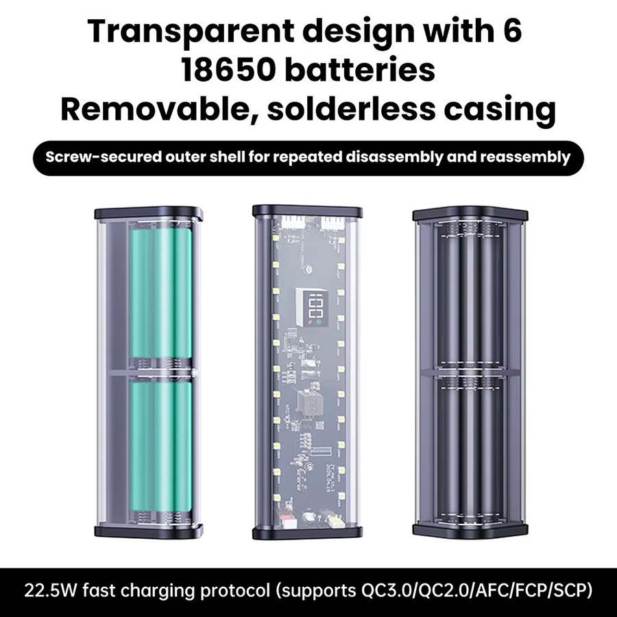 Aideepen DIY Powerbank Gehäuse für 6x 18650 Akkus, 22,5 W Schnellladefunktion, Transparent/Schwarz mit USB-C Port - Bild 5