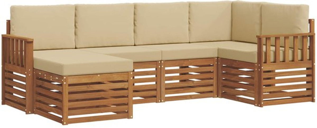 vidaXL Ecksofa Set mit 6 Kissen aus Massivholz Akazie in Natur und Beige, modern und wendbar - Bild 1