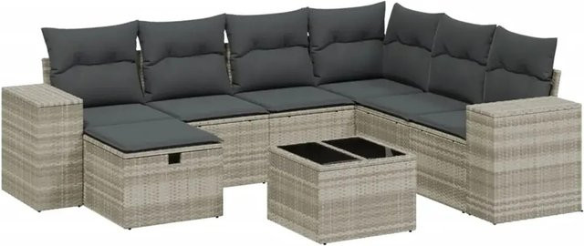 vidaXL 8-teilige Garten-Sofagarnitur in L-Form mit Polsterkissen und Couchtisch, Hellgrau, Poly Rattan und Metallrahmen - Bild 1