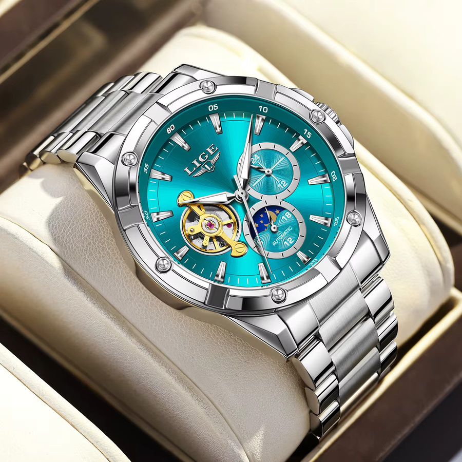 LIGE Chronograph, Automatik, Edelstahl, Blau, Herren - Bild 5