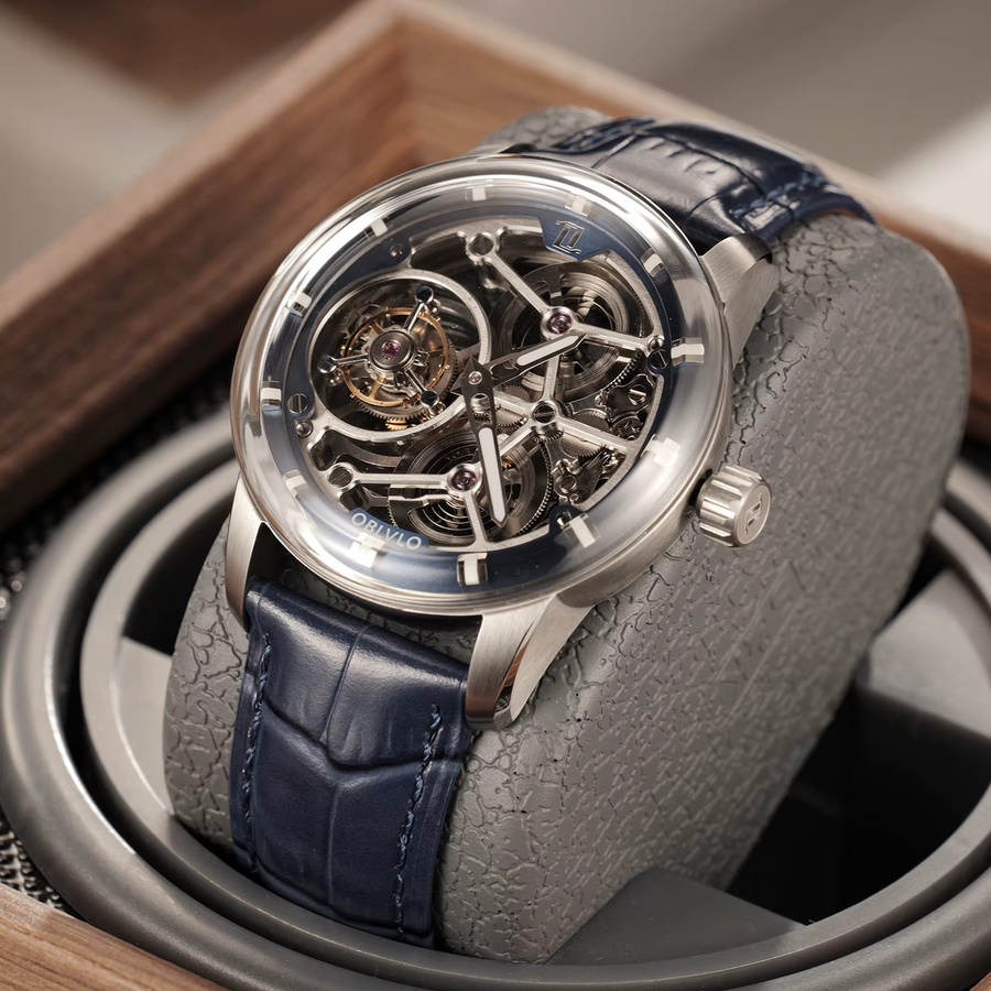 Oblvlo Armbanduhr Tourbillon, mechanisch, Edelstahl, blau, Leder, Herren - Bild 2