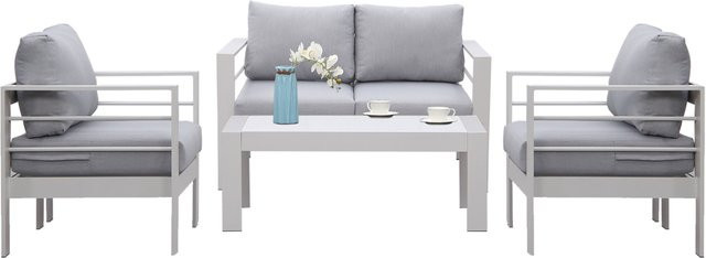 MEXO Gartenmöbel Lounge-Set Genua für 4 Personen aus Aluminium und WPC mit Polstern in Weiß und Hellgrau - Bild 1