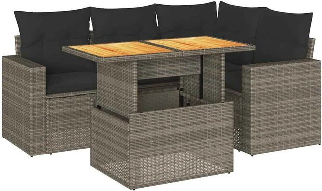 vidaXL 5-teilige Garten-Sofagarnitur aus Poly-Rattan und Akazienholz in Grau mit Kissen - Bild 1