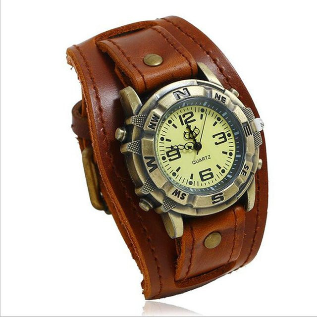 YIRAN Armbanduhr, Quarz, Messing, Lederarmband, Herren, beige - Bild 1