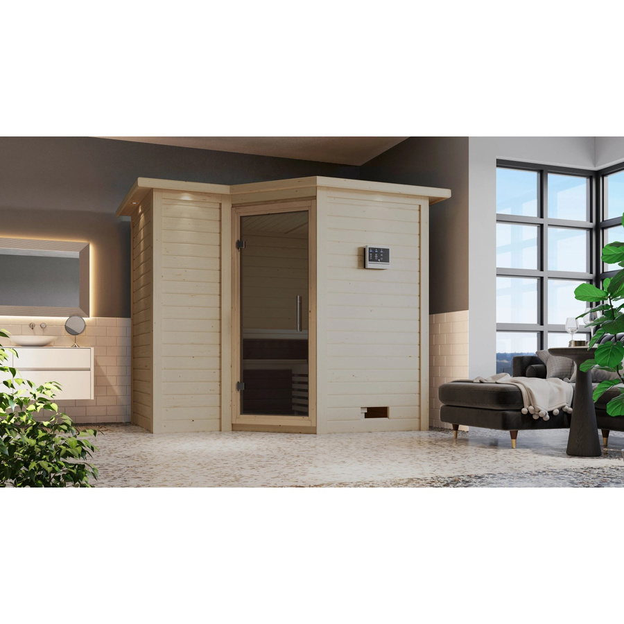 Karibu Massivholzsauna SAHIB 2 in Grau mit 9,0 kW Ofen, Steuergerät, Dachkranz und Ganzglastür, B/T/H: 236 x 184 x 212 cm - Bild 3