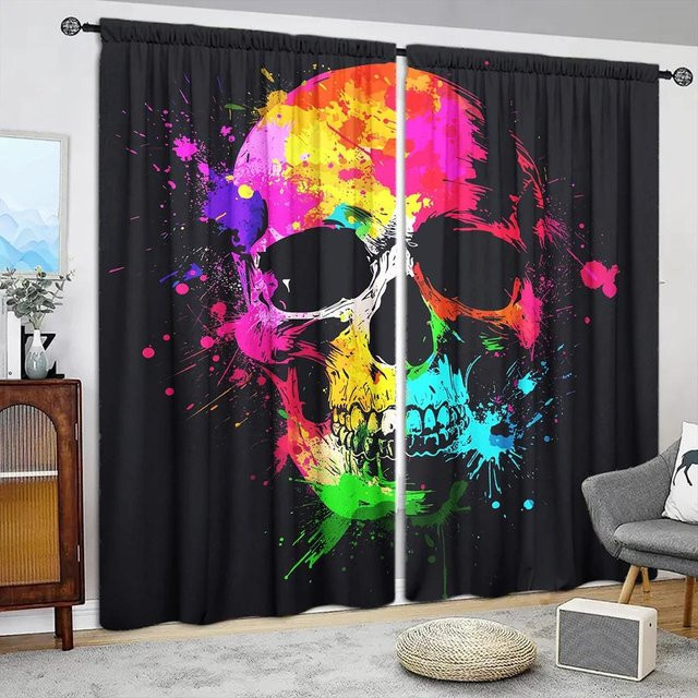 2er-Set bunte Vorhänge mit Totenkopf-Aufdruck in Pink, halbtransparent mit Stangentasche, B: 52,5 cm, H: 116 cm - Bild 1