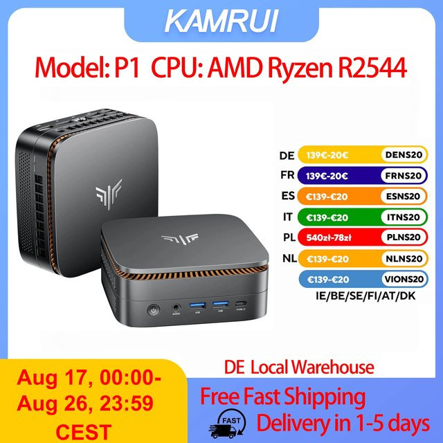 KAMRUI P1 Gaming Mini-PC mit AMD Ryzen R2544, 16GB RAM, 256GB SSD, Windows 11 Pro, Wifi5, Bluetooth 4.2, 4K Dreifach-Display, Schwarz - Bild 1