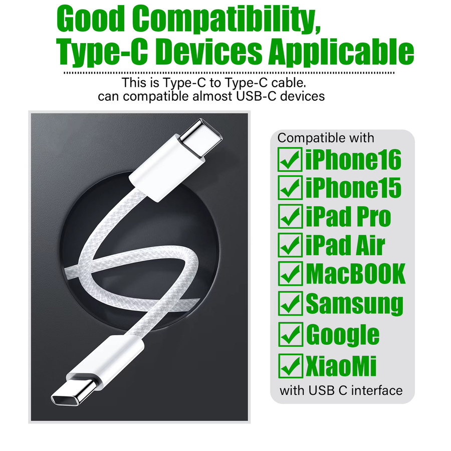 Tonsiny USB C Schnellladekabel 66W PD3.0 3A Datenleitung in Weiß für iPhone 15 16, iPad, MacBook, Samsung, Xiaomi und Google - Bild 4