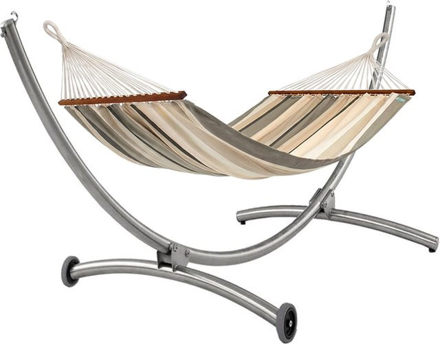 LOLA Bio Stabhängematte Caribbean Oliva mit Royal Deluxe Edelstahlgestell in Grün und Beige - Bild 1