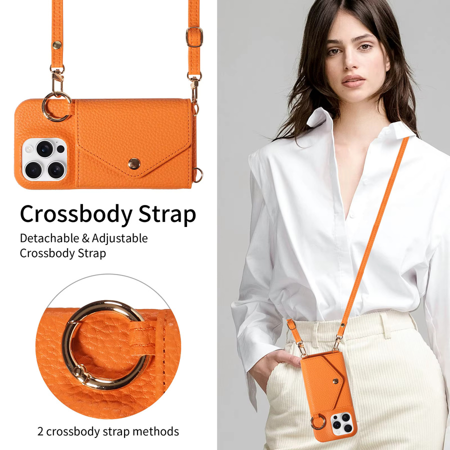 Crossbody PU-Leder-Handyhülle mit Spiegel für iPhone 17 17 Air 17 Pro 17 Pro Max 16 15 14 13 Pro in Pink und Orange mit Anti-Drop und Anti-Entmagnetisierung - Bild 3