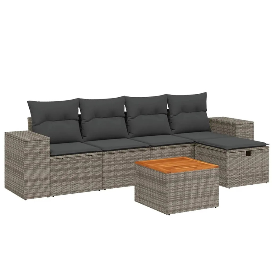 vidaXL 6-teilige Garten-Sofagarnitur in L-Form aus Polyrattan mit Kissen und Ottoman, Grau - Bild 2