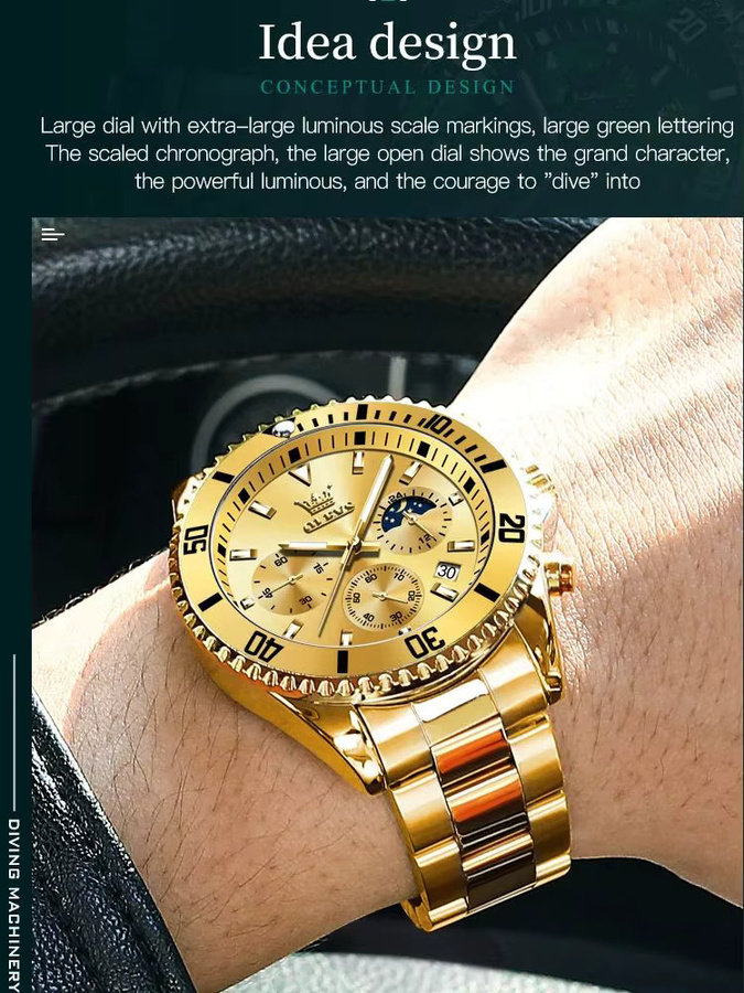 OLEVS Chronograph, Edelstahl, Gold, 42,5 mm, Herren - Bild 7