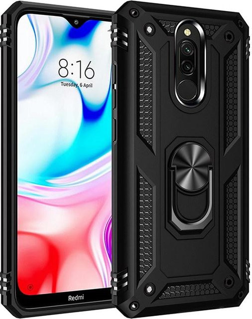 Stoßfeste Hybrid-Schutzhülle mit Metallring für Xiaomi Redmi 8 und Redmi 8A in Schwarz - Bild 1