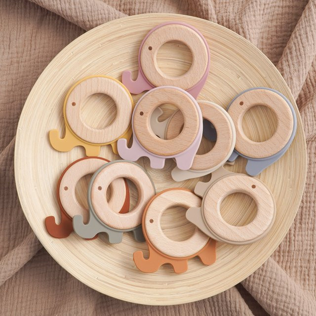 Muslin life Beißring Elefant aus Silikon und Holz in Gelb und Mehrfarbig für Neugeborene - Bild 1