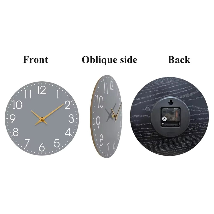 P.chuang Wanduhr aus Holz in Grau, minimalistische runde Quarzuhr mit Metallzeigern und geräuschlosem Laufwerk - Bild 4