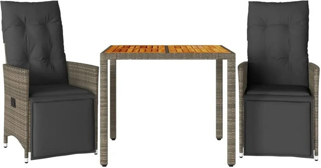 vidaXL 3-tlg Garten-Bistro-Set aus Poly Rattan und Akazienholz mit Kissen in Grau - Bild 1