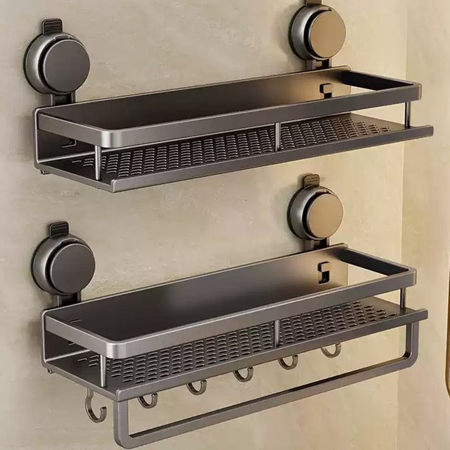 Wandmontiertes Aufbewahrungsregal von YUNJIEYA in Schwarz aus Metall für Badezimmer, Küche und Duschraum inklusive Handtuchhalter ohne Bohren - Bild 1