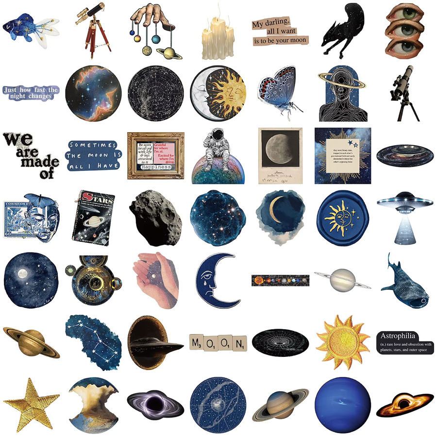 50 Stück Space Graffiti Aufkleber Set, transparente Planeten und Galaxy Motive für Handyhüllen, Skateboard und Wasserbecher, mehrfarbig - Bild 5