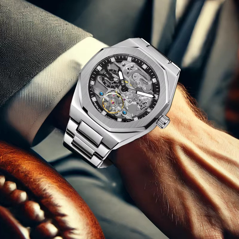 MEIRUIQI Armbanduhr Edelstahl, Automatik, Schwarz, Silber, Herren - Bild 5