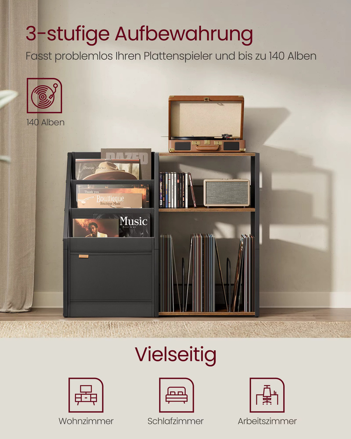 VASAGLE Beistelltisch als Plattenspieler-Ständer im Industrial-Design mit 3 Etagen, Braun/Schwarz - Bild 2