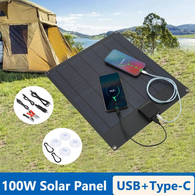 Luxuglow Solarpanel-Set 100 W 18 V mit 5 V USB-C Outdoor-Ladegerät in Schwarz für Camping und Reisen - Bild 1