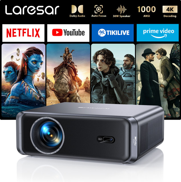 Laresar A1 Projektor mit 4K Unterstützung, 1000 ANSI Lumen, Native 1080P Full HD, Android TV mit offizieller Netflix Unterstützung, Autofokus, Keystone, WiFi 6 und Bluetooth 5.2 für dein Heimkino - Bild 1