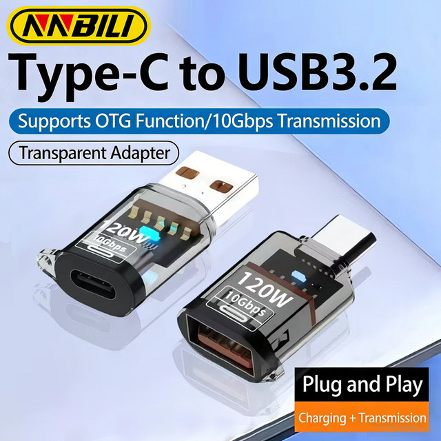NNBILI USB 3.2 zu Typ-C Adapter mit 120 W Schnellladefunktion und 10 Gbps Hochgeschwindigkeits-Datenübertragung, OTG Konverter in Weiß - Bild 1