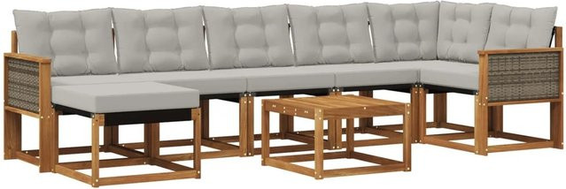 vidaXL Outdoor-Sofagarnitur L-Form aus Akazienholz mit 8 Kissen in Braun und Hellgrau - Bild 1
