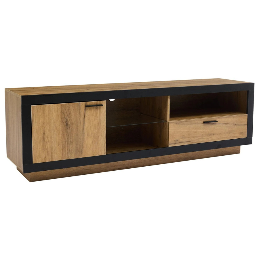 okwish TV Schrank mit LED und Glas Stauraum in Schwarz und Eiche, B/T/H: 180 x 40 x 42 cm - Bild 2