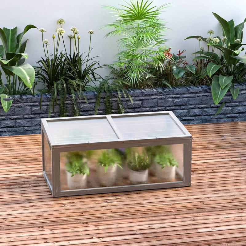 Outsunny Frühbeet aus Holz und Polycarbonat mit aufklappbarer Abdeckung in Grau, B/T/H: 90 x 46 x 40 cm - Bild 3