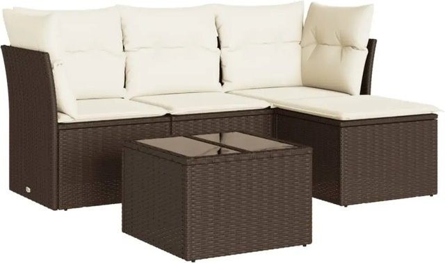 vidaXL 5-tlg. Garten-Sofagarnitur in L-Form aus Polyrattan mit Kissen, Braun - Bild 1