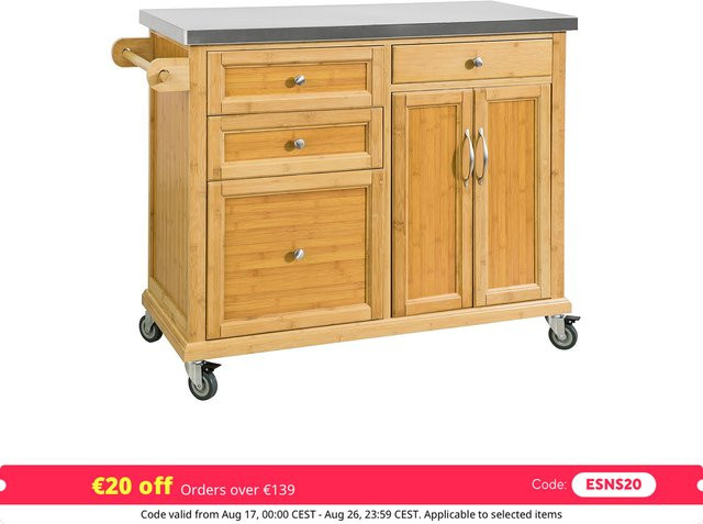 SoBuy Kücheninsel FKW70-N auf Rollen mit Edelstahl-Arbeitsplatte und Schubladen in Braun, B/T/H: 115 x 92 x 46 cm - Bild 1