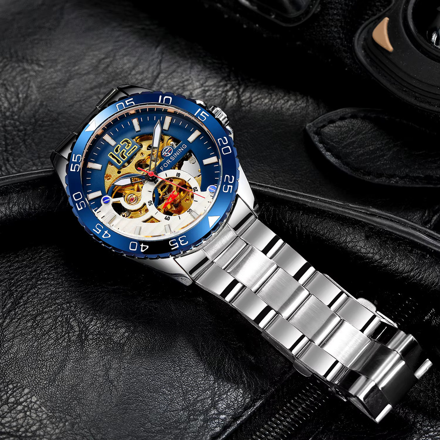 Forsining Armbanduhr, Automatik, blaue Lünette, Edelstahl, Herren - Bild 3