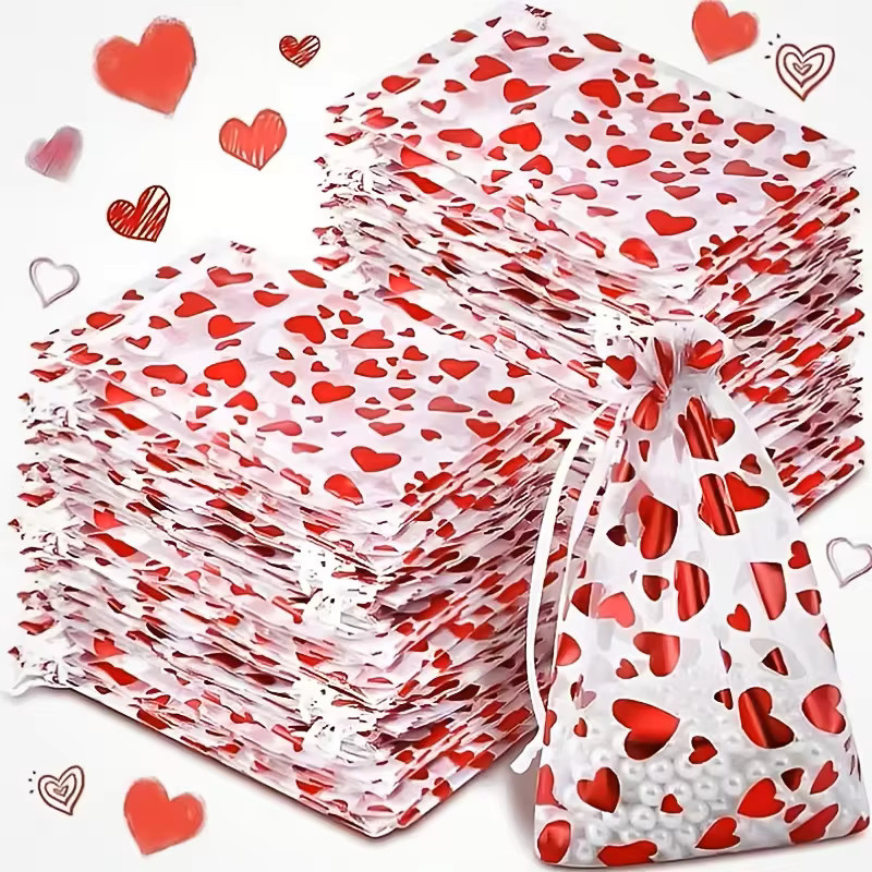 50er-Set rote herzförmige Geschenktüten mit Heißprägrußkarten für den Valentinstag - Bild 2