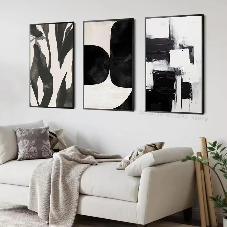 Potdemiel Abstrakte Leinwandkunst Schwarz-Weiß Minimalistischer Gemälde-Druck mit T-Textur zur Wanddekoration - Bild 2