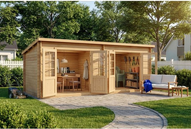 Alpholz Gartenhaus Maria Twin Pultdach in Blockbohlenbauweise, Unbehandelt, Braun, B: 578 cm, T: 224 cm, H: 220 cm - Bild 1