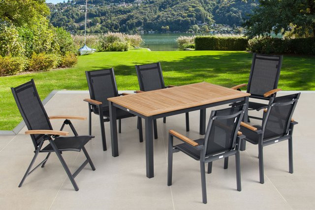 OUTFLEXX Garten-Essgruppe aus Aluminium, Teakholz und Textilene in Anthrazit Matt mit ausziehbarem Tisch und 6 Stühlen - Bild 1